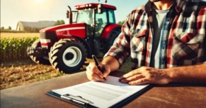 Agricultor firmando documentos junto a un tractor rojo en el campo, representando el proceso de transferencia de un tractor. Trámite esencial para el cambio de titularidad en la DGT y el ROMA, evitando problemas legales en la compraventa de maquinaria agrícola.