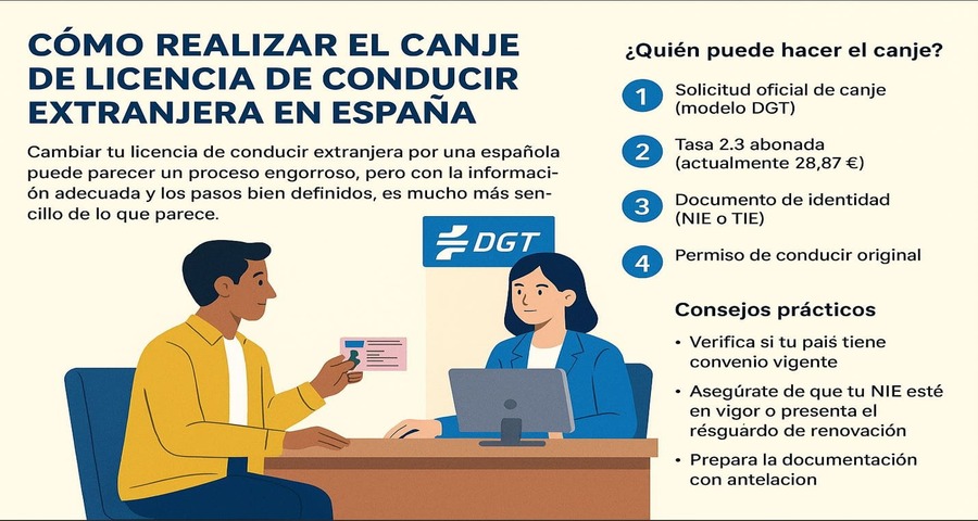 Persona extranjera realizando el trámite de canje de su licencia de conducir en una oficina de la DGT en España