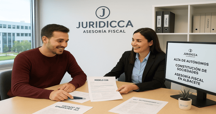 Reunión entre asesor fiscal de Juridicca y autónomo en Albacete revisando ventajas de crear una sociedad limitada en el Parque Científico y Tecnológico